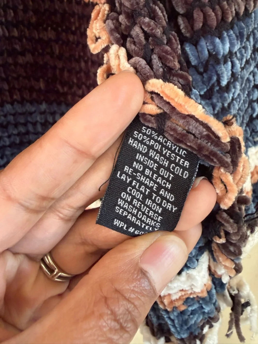 Striped Hooded Knit Poncho in Blue, Brown & Cream